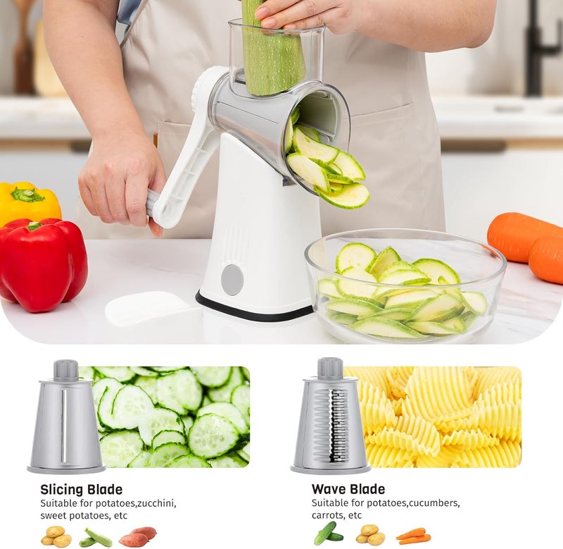 Nexsujo 5-in-1 Rotary Cheese Grater Hand Crank, Vegetable Slicer Shredder with 5 Interchangeable Blades, Graters for Kitchen, Safe Kitchen Tool for Cheese, Nuts, Chocolate, White - Image 3